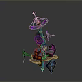 Futuristic Sci-Fi Mechanical Structure With Multiple Discs Antennas Small Houses And Teal Purple Accents