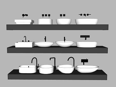 Various Modern Washbasin Designs With Faucets On Black Display Shelves 3d model