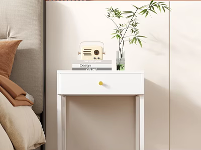 Modern White Bedroom Bedside Table With Metal Legs Vintage Radio Books And Green Plant 3d model