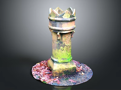 Vintage Ornamental Tower Structure With Rusted Surface Green Moss And Colorful Gravel Base 3d model