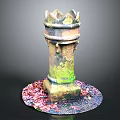 Vintage Ornamental Tower Structure With Rusted Surface Green Moss And Colorful Gravel Base