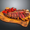 Grilled Sliced Steak With Cherry Tomatoes And Herbs On Wooden Cutting Board