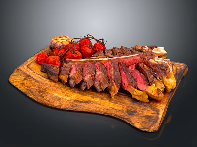 Grilled Sliced Steak With Cherry Tomatoes And Herbs On Wooden Cutting Board 3d model