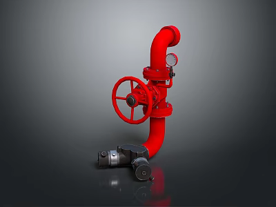 Red Fire Pipeline Valve With Wheel Handle And Pressure Gauge 3d model