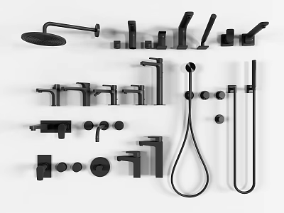 Black Bathroom Shower Fixtures Set With Various Modern Components And Accessories 3d model