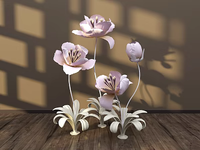 Modern Floral Display With Pink Flowers White Stems And Wall Shadow Patterns On Wooden Floor 3d model