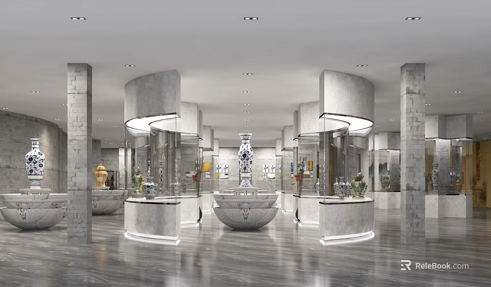 Grand Lobby Interior Design With Marble Columns Pendant Lights Reception Counters Decorative Vases And Artwork 3d model 