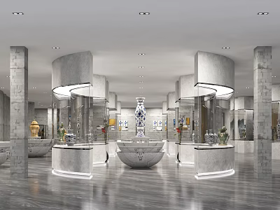 Grand Lobby Interior Design With Marble Columns Pendant Lights Reception Counters Decorative Vases And Artwork 3d model