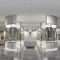 Grand Lobby Interior Design With Marble Columns Pendant Lights Reception Counters Decorative Vases And Artwork