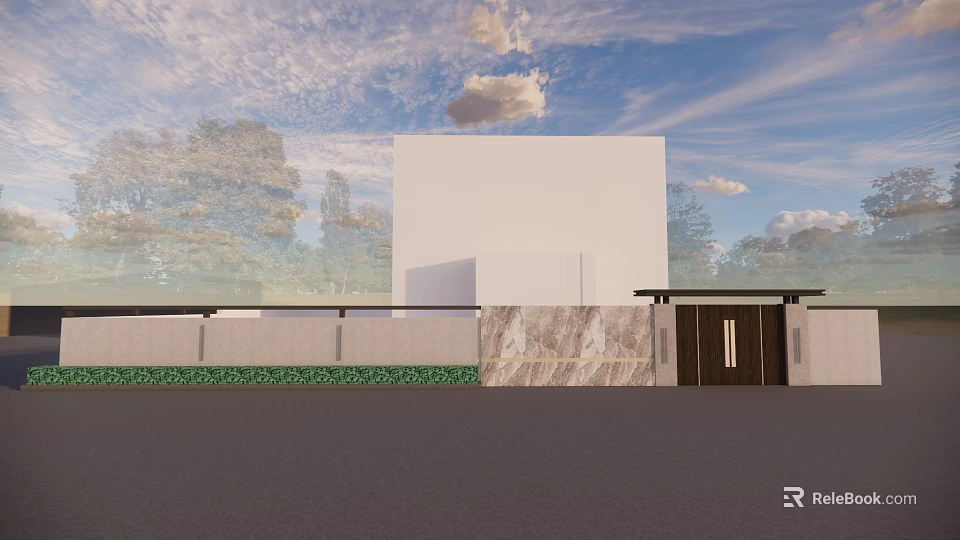 Modern Entrance Gate With White Building Marble Wall And Green Plants Under Blue Sky 3d model 