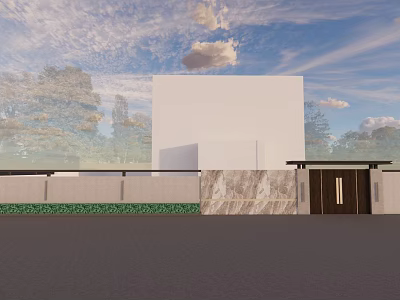 Modern Entrance Gate With White Building Marble Wall And Green Plants Under Blue Sky 3d model