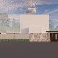 Modern Entrance Gate With White Building Marble Wall And Green Plants Under Blue Sky