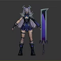 Fantasy Female Character In Blue Purple Armor With Horns Long Hair And Large Blue Sword