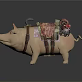 Fantasy Character Riding Pig Mount With Decorative Saddle And Gear Equipment