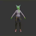 3D Character In Gray Hoodie Blue Jeans Black Leggings White Shoes Cat Ear Headpiece