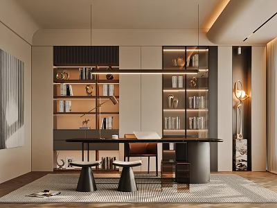 Modern Study Room Interior With Layered Bookshelves Writing Desk Office Chair And Decorative Lighting 3d model