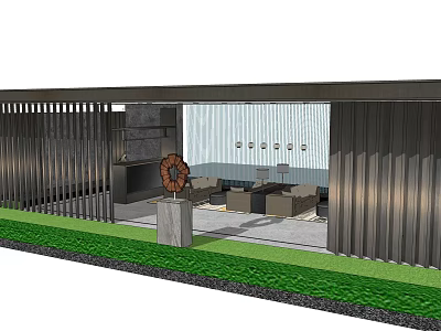 Modern Metal Pergola Structure With Green Grass And Relaxation Sofa Area 3d model