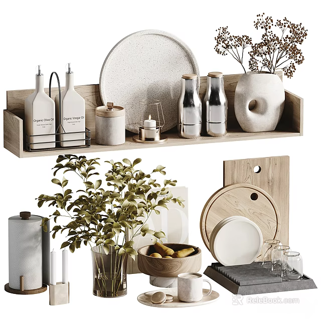 Stylish Kitchenware Display With Greenery And Woodenware 3d model 