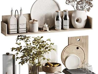 Stylish Kitchenware Display With Greenery And Woodenware 3d model