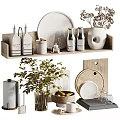 Stylish Kitchenware Display With Greenery And Woodenware