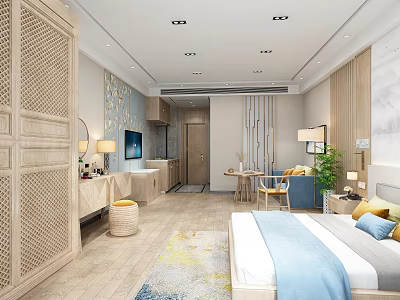 Modern Cozy Apartment Interior With Wooden Furniture Soft Bedding And Patterned Rug 3d model