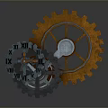 Mechanical Gear Combination With Large Orange And Small Dark Metallic Gears On Gray Background
