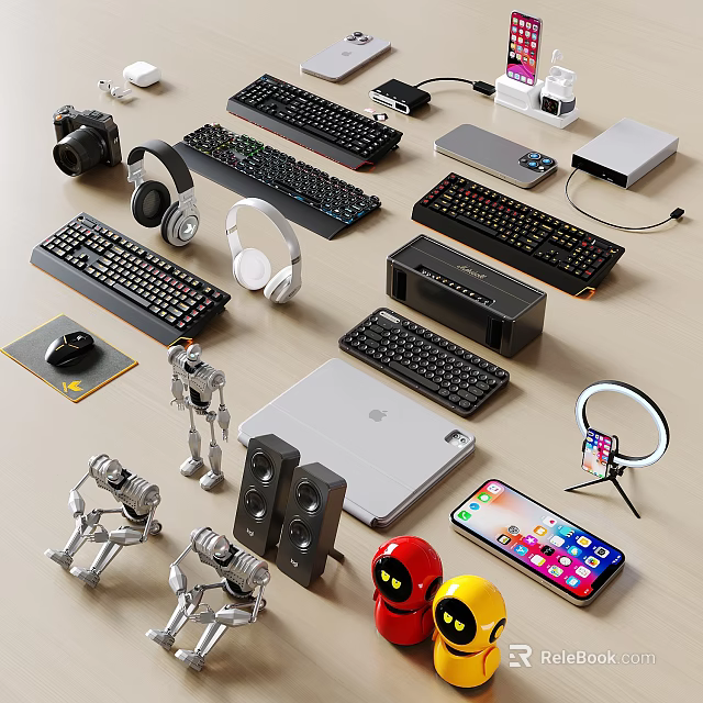 Assorted Computer Accessories And Tech Devices Including Keyboards Mice Headphones Tablets Speakers 3d model 