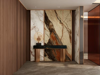 Modern Foyer Hallway Design With Wooden Panel Walls Marble Accent And Black Console Table 3d model
