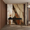 Modern Foyer Hallway Design With Wooden Panel Walls Marble Accent And Black Console Table