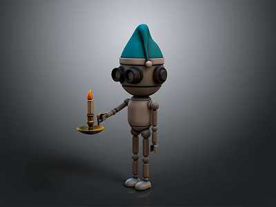 Mechanical Robot With Blue Hat And Large Goggles Holding Tray With Lit Candle 3d model