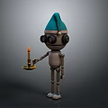 Mechanical Robot With Blue Hat And Large Goggles Holding Tray With Lit Candle