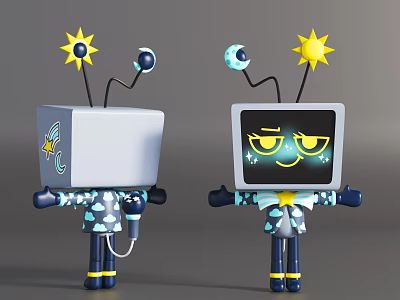 Game And Movie TV Shaped Robot Characters With Sun Planet Antennas Smiling Screen And Star Patterns 3d model