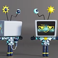 Game And Movie TV Shaped Robot Characters With Sun Planet Antennas Smiling Screen And Star Patterns