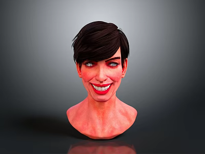 Woman Head Model With Short Dark Hair Smiling Red Face Gray Background 3d model