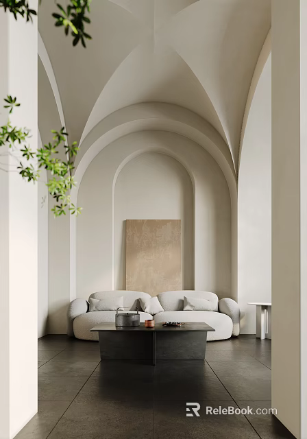 Light Colored Arched Leisure Area With Green Plants Sofa Coffee Table And Decorative Painting 3d model 