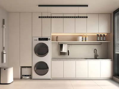 Modern Home Balcony With Washing Machine Dryer White Cabinets Countertop Sink And Shelf 3d model