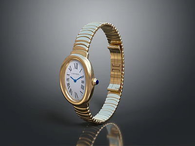 Gold Watch With White Gold Strap White Dial Roman Numerals Blue Hands Dark Background 3d model