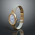Gold Watch With White Gold Strap White Dial Roman Numerals Blue Hands Dark Background