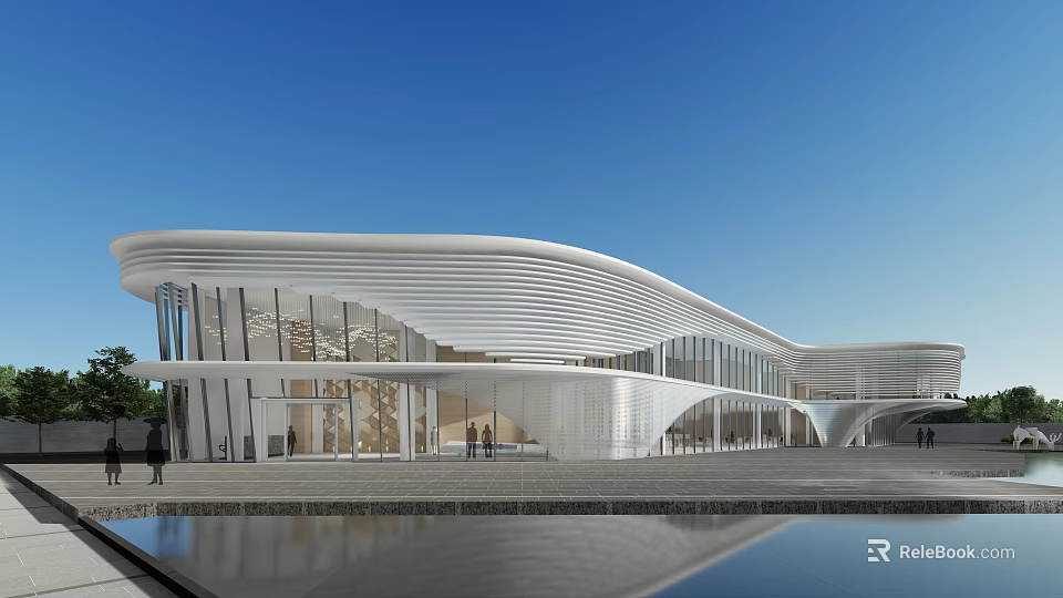 Modern Sales Office Building With Curved Facade Glass Walls And Open Plaza 3d model 