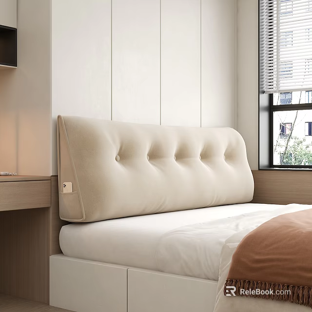 Beige Tufted Padded Headboard In Modern Bedroom With White Linens And Brown Blanket 3d model 