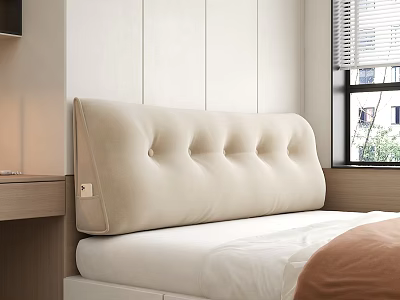 Beige Tufted Padded Headboard In Modern Bedroom With White Linens And Brown Blanket 3d model