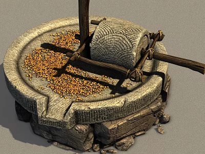 Traditional Agricultural Equipment Ancient Stone Mill for Manual Grain Grinding with Golden Grains 3d model