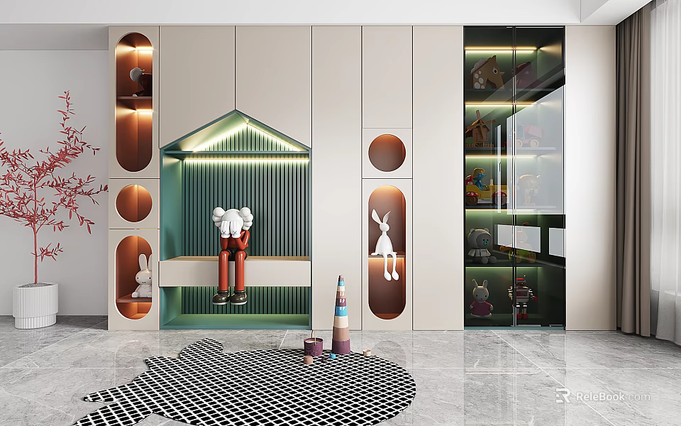 Elegant Modern Display Cabinet With Green Accent Panel Circular Design LED Lighting And Rabbit Toys 3d model 