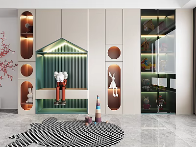 Elegant Modern Display Cabinet With Green Accent Panel Circular Design LED Lighting And Rabbit Toys 3d model
