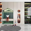 Elegant Modern Display Cabinet With Green Accent Panel Circular Design LED Lighting And Rabbit Toys