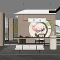Modern Tea Room With Wooden Circular Plum Blossom Painting Long Table Sofa And Hanging Lights