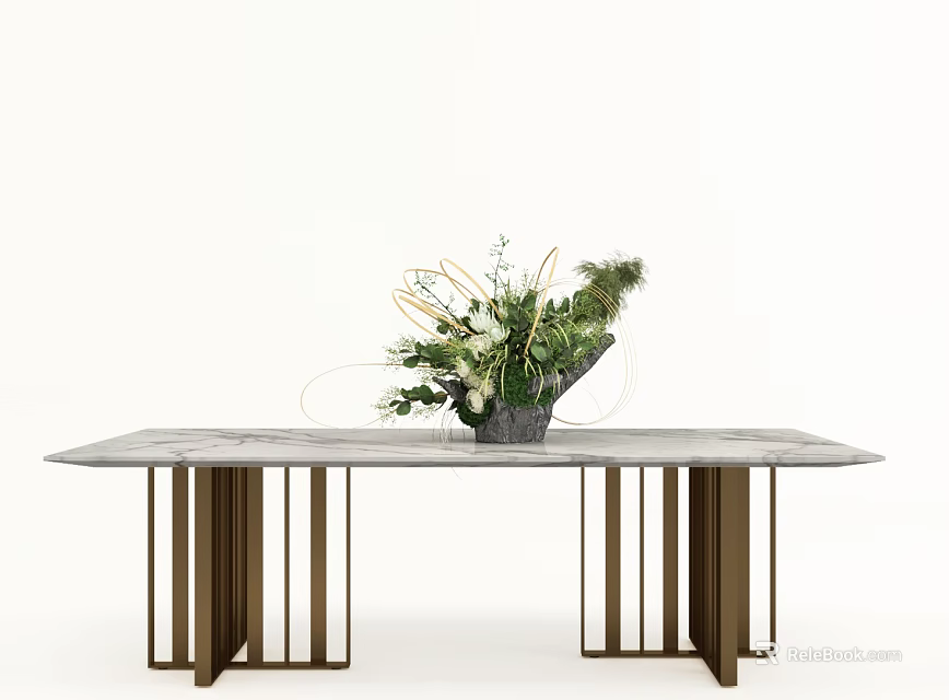 Modern Dining Table Design With Marble Top Metal Legs And Floral Arrangement Decor 3d model 