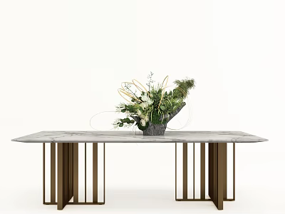 Modern Dining Table Design With Marble Top Metal Legs And Floral Arrangement Decor 3d model