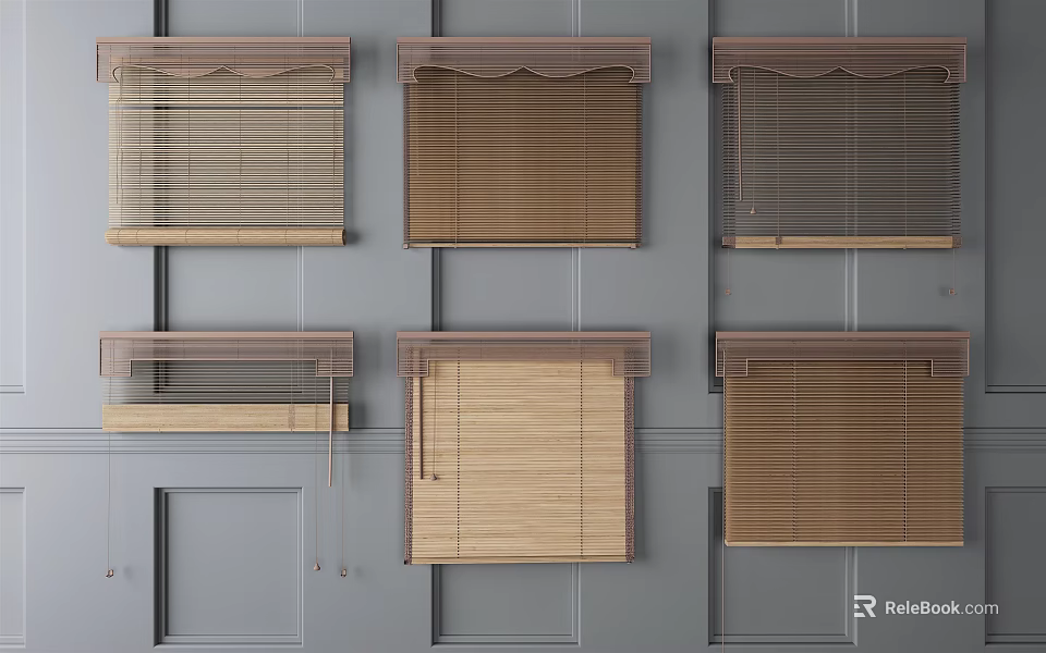 Various Window Blinds in Different Styles Displayed on Gray Wall for Home Interior 3d model