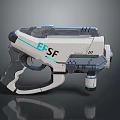 Futuristic Sci-Fi Gun Featuring EFSF Logo Modern Mechanical Details and White Blue Accents